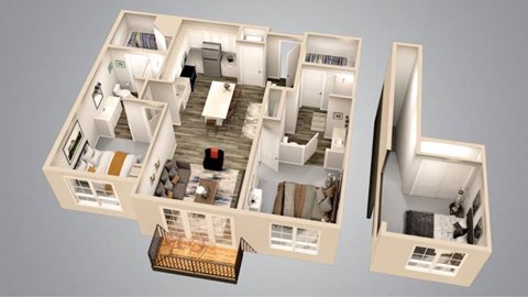 A 3D rendered image of a house layout.